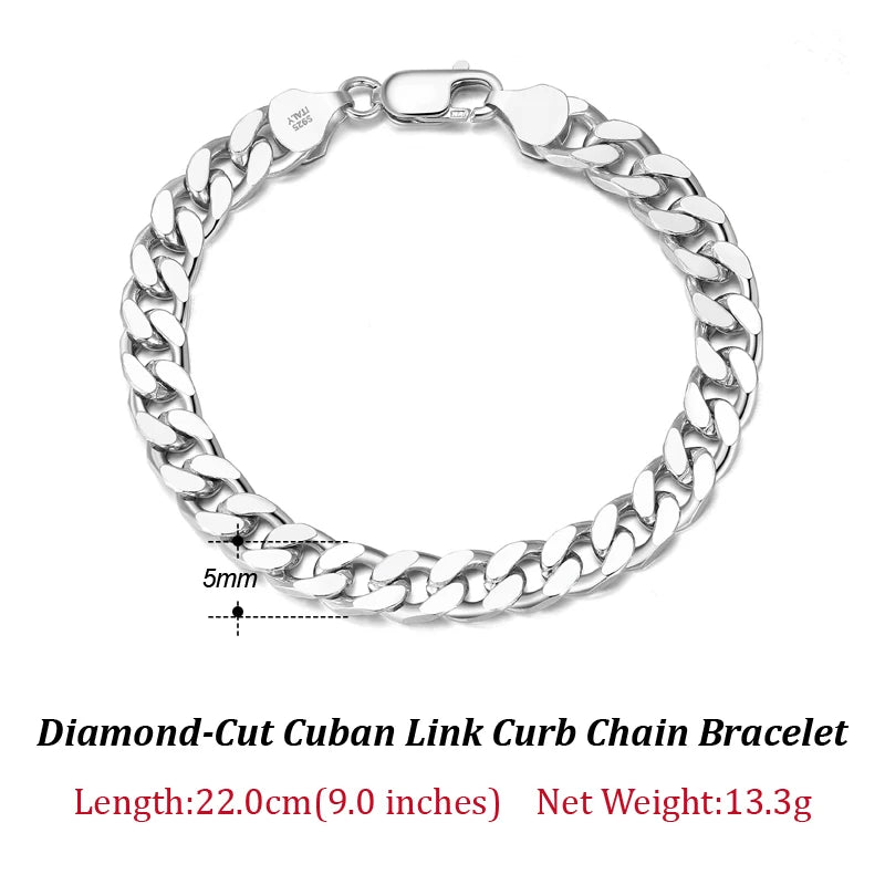 Solid 925 Sterling Silver Italian 3.6mm 5mm 7mm Diamond-Cut Cuban Link Chain Bracelet for Women Men 7”, 8", 9" SB104