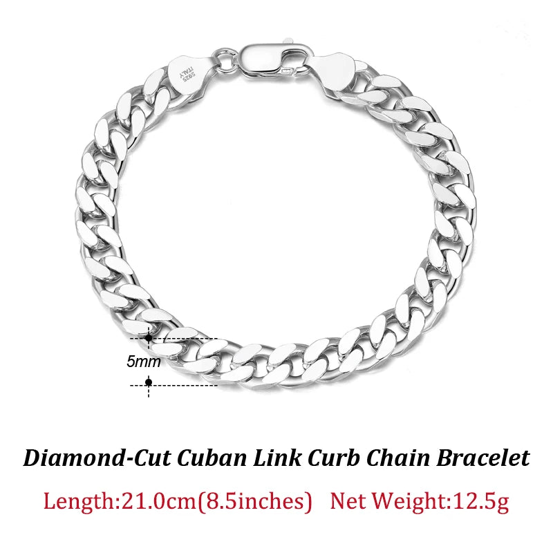 Solid 925 Sterling Silver Italian 3.6mm 5mm 7mm Diamond-Cut Cuban Link Chain Bracelet for Women Men 7”, 8", 9" SB104