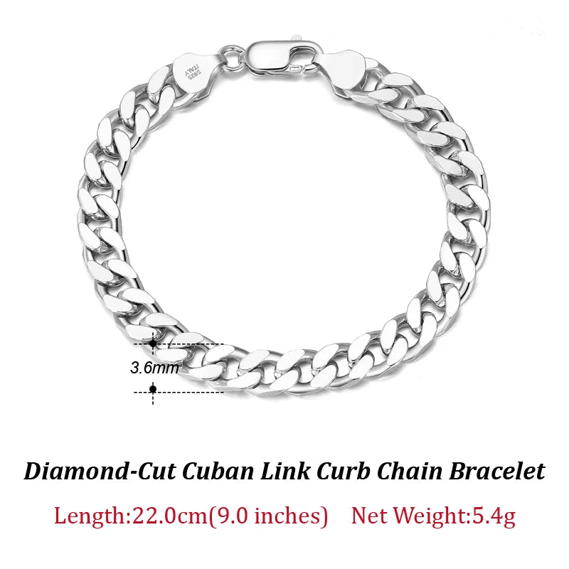 Solid 925 Sterling Silver Italian 3.6mm 5mm 7mm Diamond-Cut Cuban Link Chain Bracelet for Women Men 7”, 8", 9" SB104