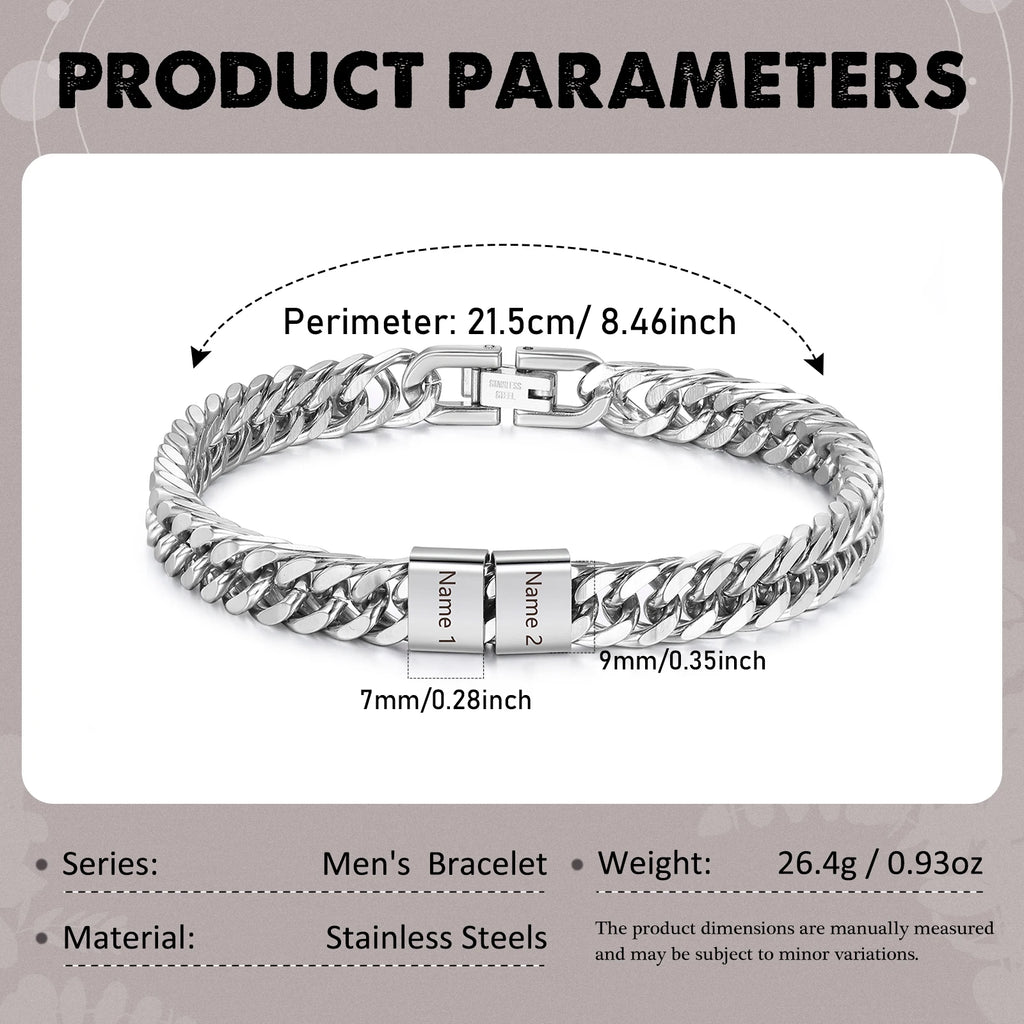 Personalized Cuban Link Chain Bracelet with 2-6 Names Custom Name Engraved Bead Bracelets for Men Dad Grandpa Son Jewelry Gifts