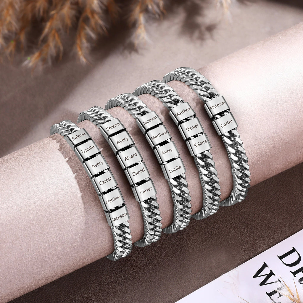 Personalized Cuban Link Chain Bracelet with 2-6 Names Custom Name Engraved Bead Bracelets for Men Dad Grandpa Son Jewelry Gifts